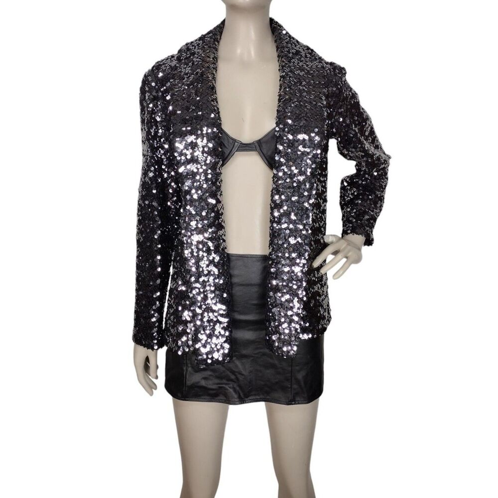 Vintage 70s Black Open-Front Sparkly Sequined Blazer Cocktail Jacket M/L Disco
